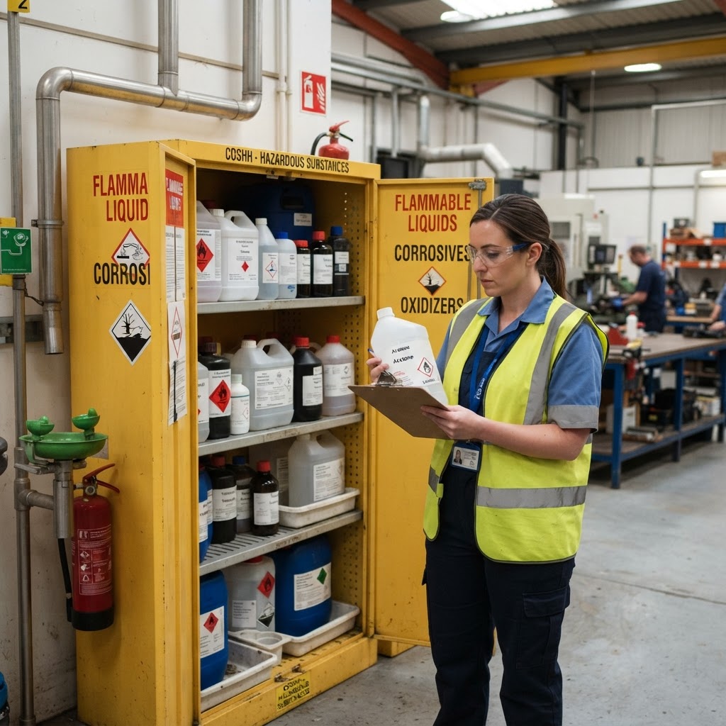 Chemical safety storage cabinet with labelled hazardous substance containers and COSHH warning symbols