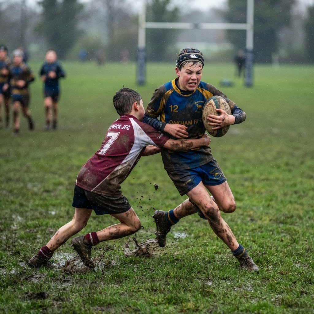 Junior rugby players in action during a match on a green pitch in England