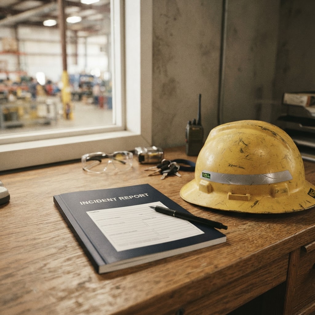 Incident report book and pen on a desk with a hard hat