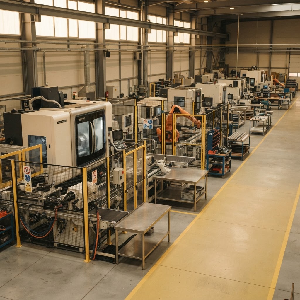 Industrial work equipment and machinery on a factory floor