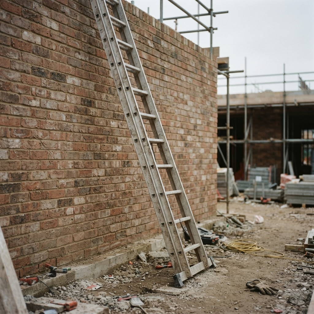 Leaning ladder against a brick wall on a construction site