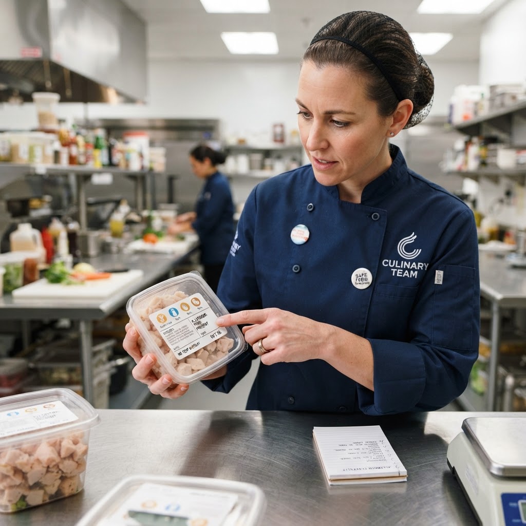 Chef checking food allergen labels in a commercial kitchen for Natasha's Law compliance