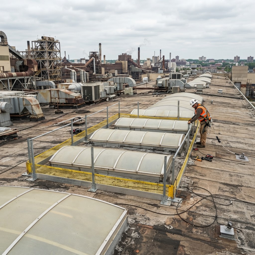 Industrial rooftop with fragile skylights highlighting the dangers of fragile roof falls in construction safety compliance