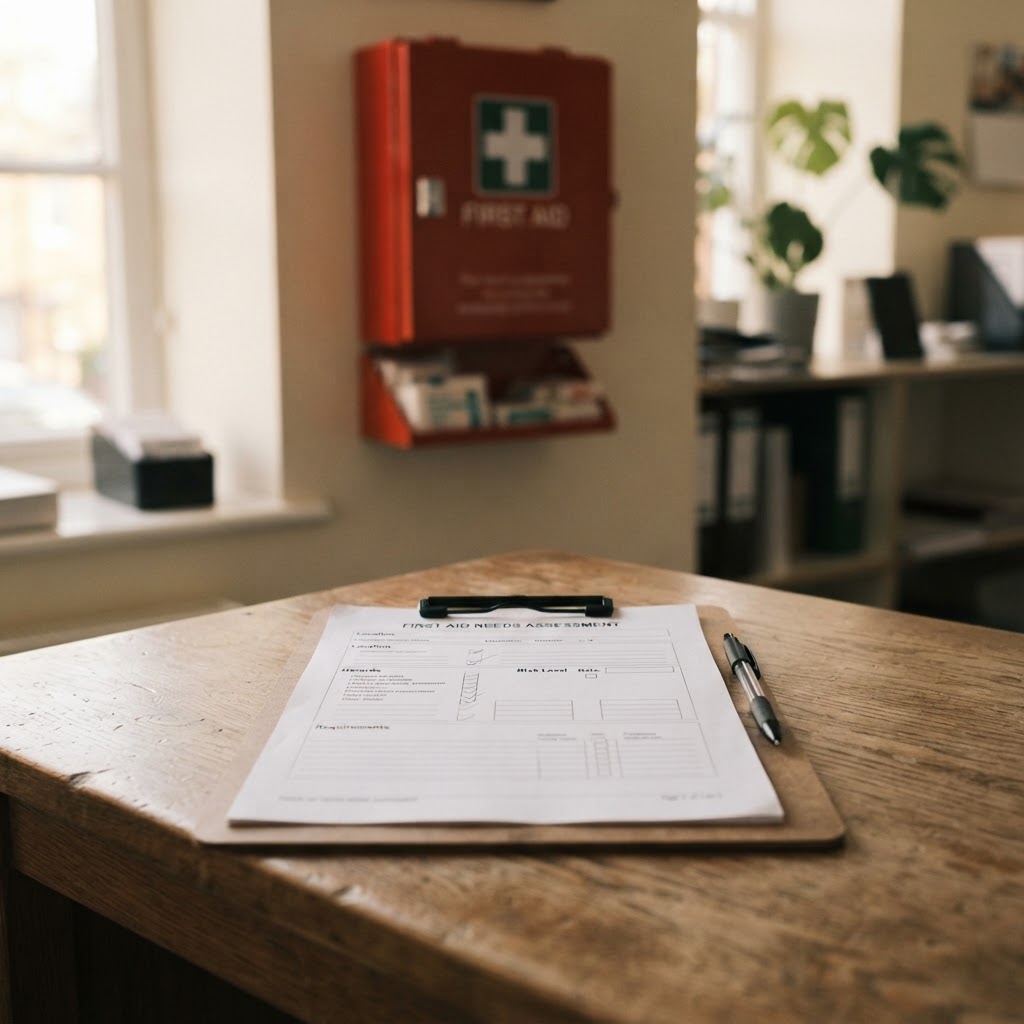 First aid needs assessment form on a clipboard with a first aid kit