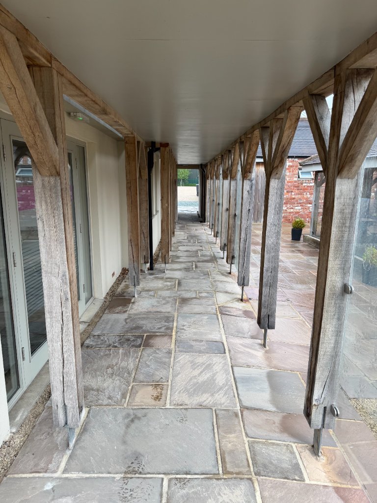 Oak-framed covered walkway at Livius Training Centre Boroughbridge