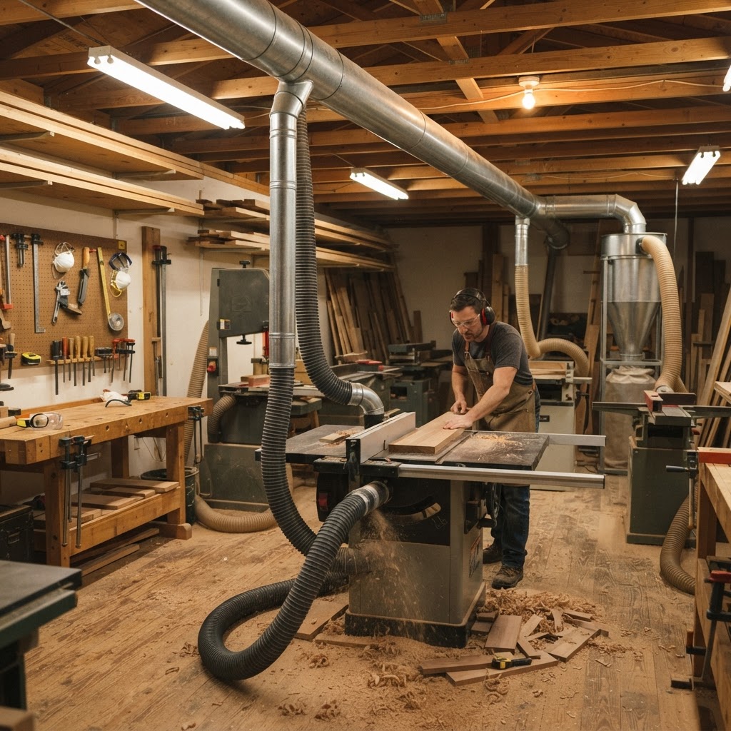 Carpentry workshop with wood dust extraction system showing COSHH compliance for woodworking dust control