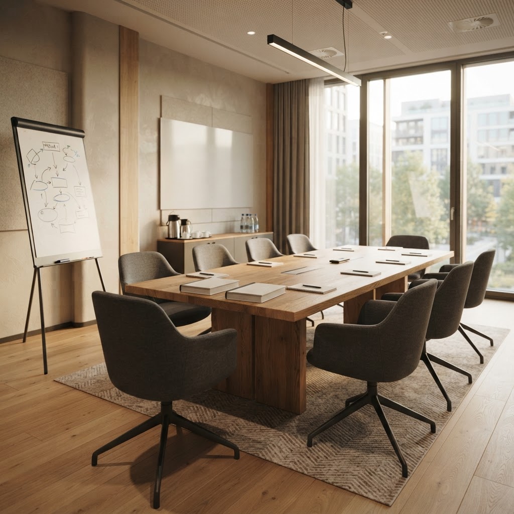 Modern training room with chairs, flip chart and safety manuals