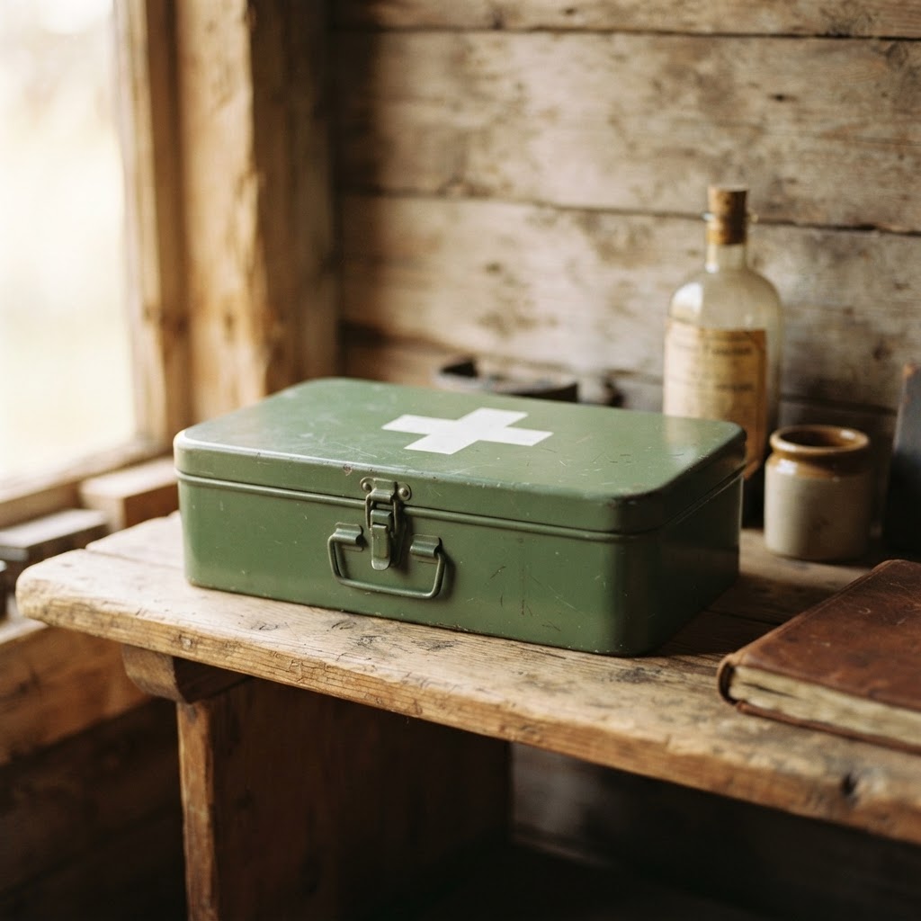 Green first aid box with a white cross on a wooden shelf