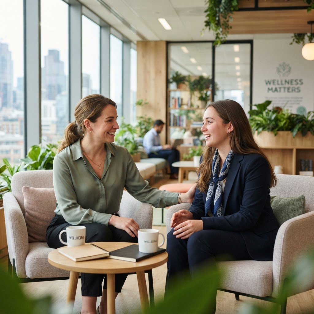 Workplace mental health support conversation between colleagues in a modern office environment