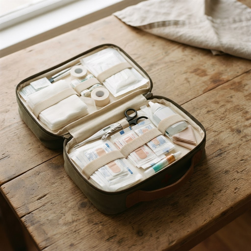 Open first aid kit with bandages and supplies neatly arranged