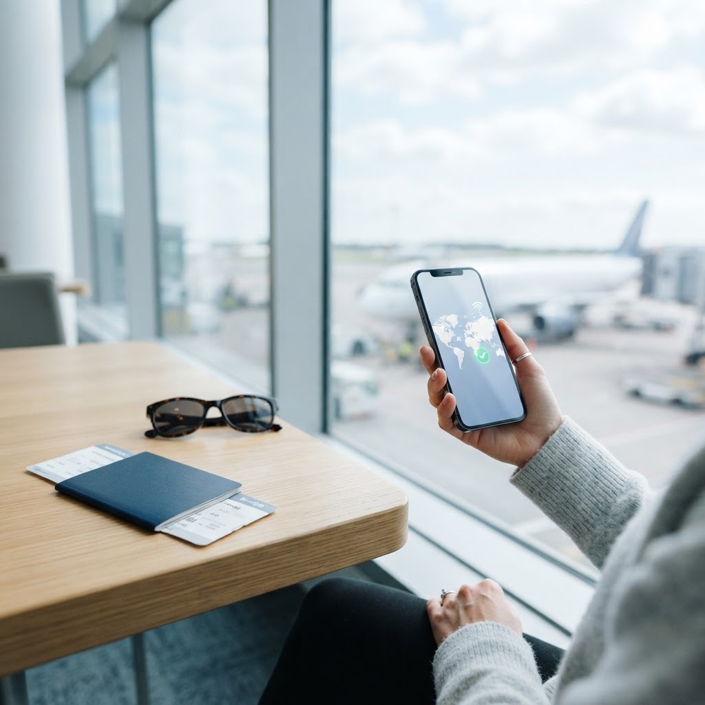 Passport and phone showing a world map beside an airport window