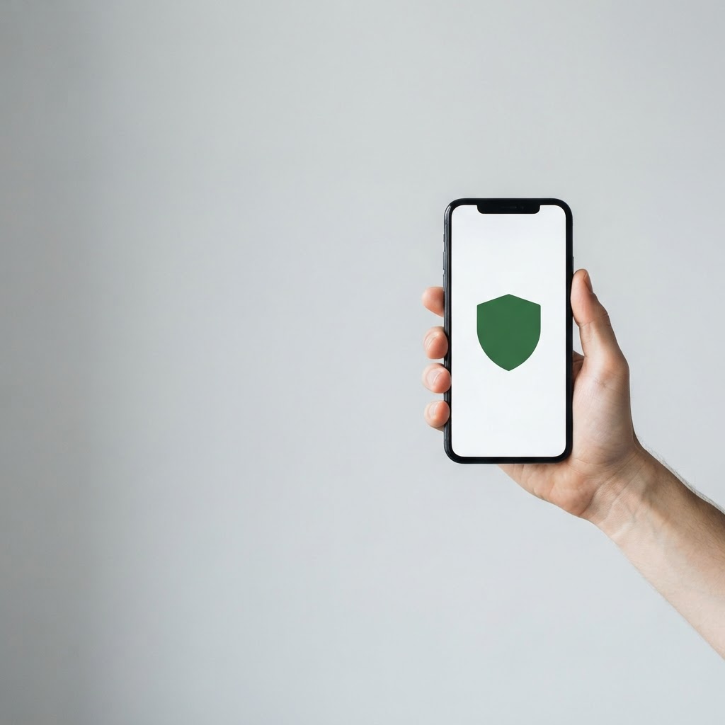 Hand holding a phone with a refund shield on screen