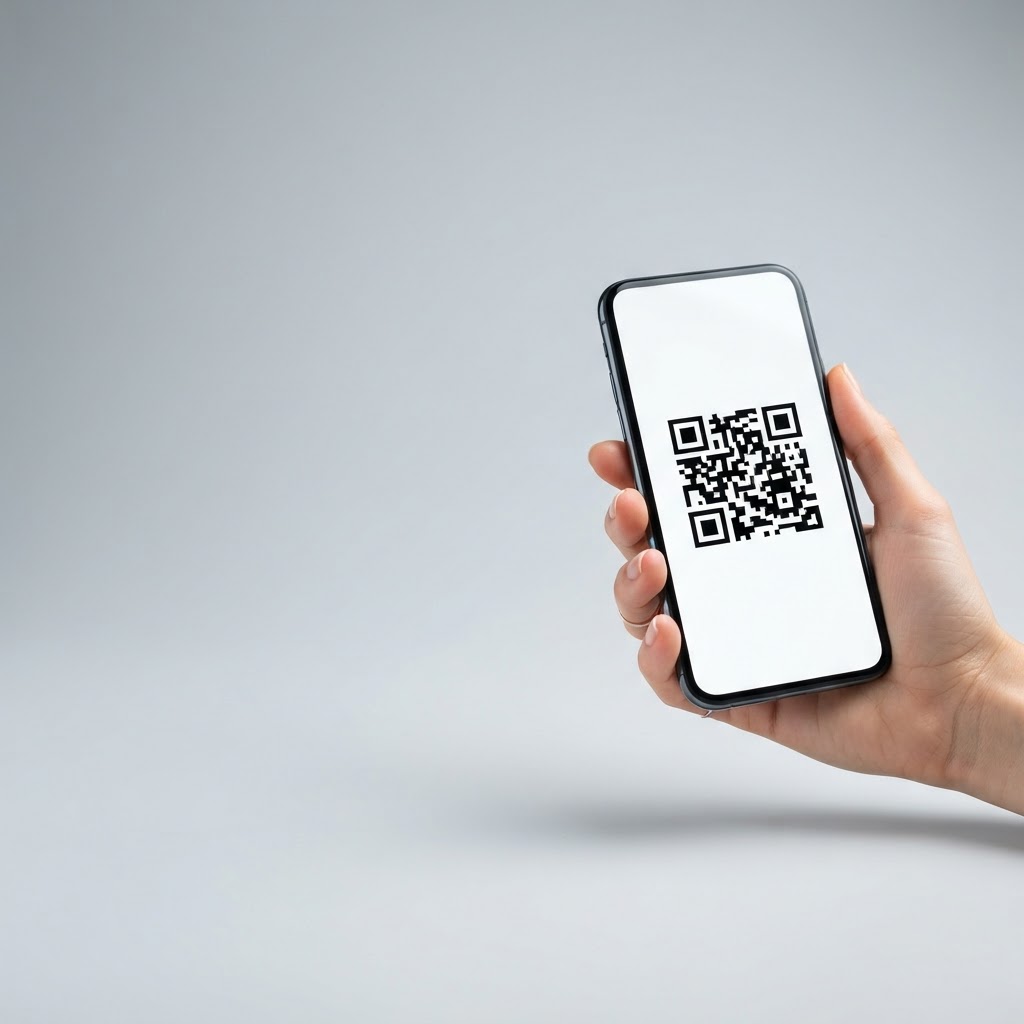 Hand holding a phone showing a QR code
