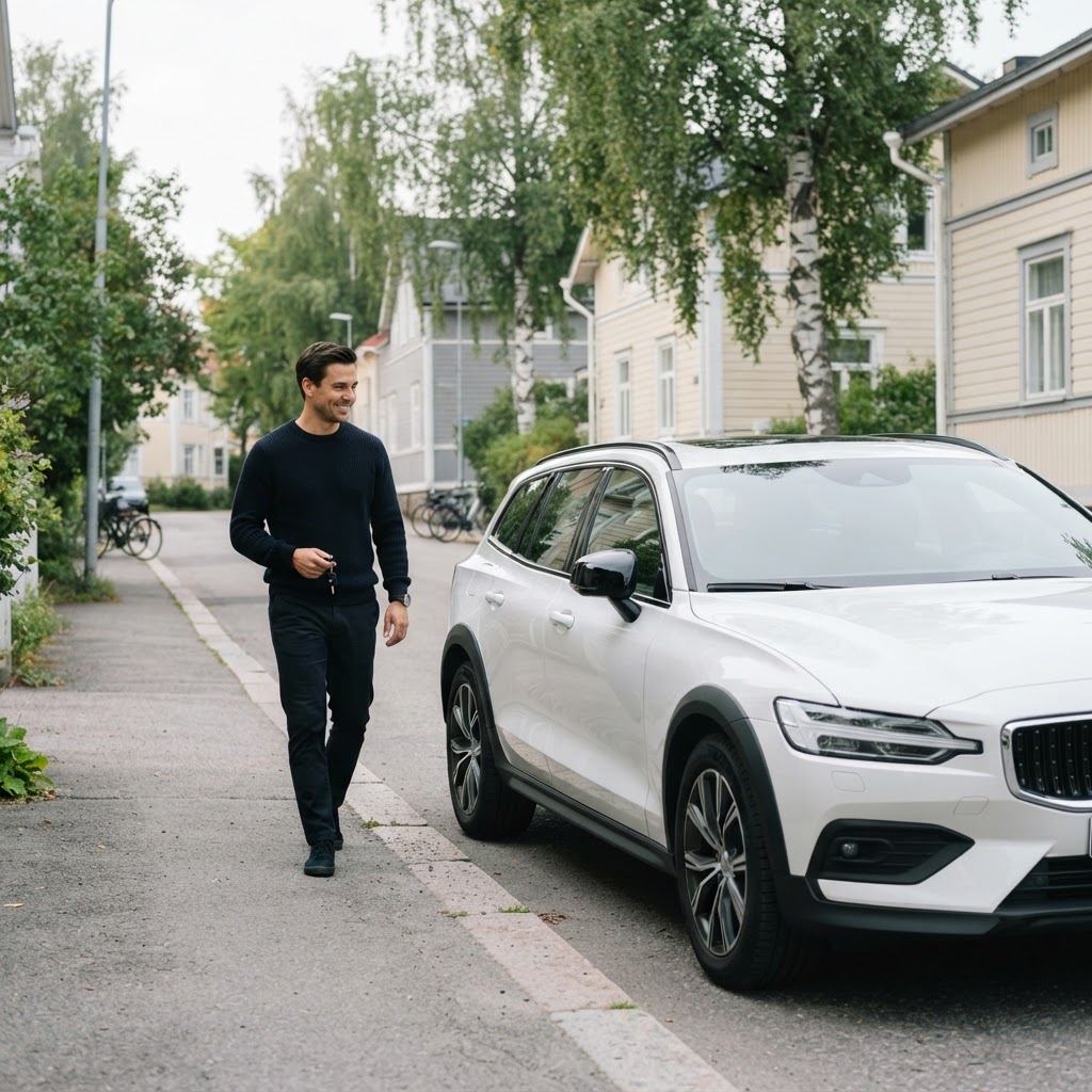 A car owner beside a white car