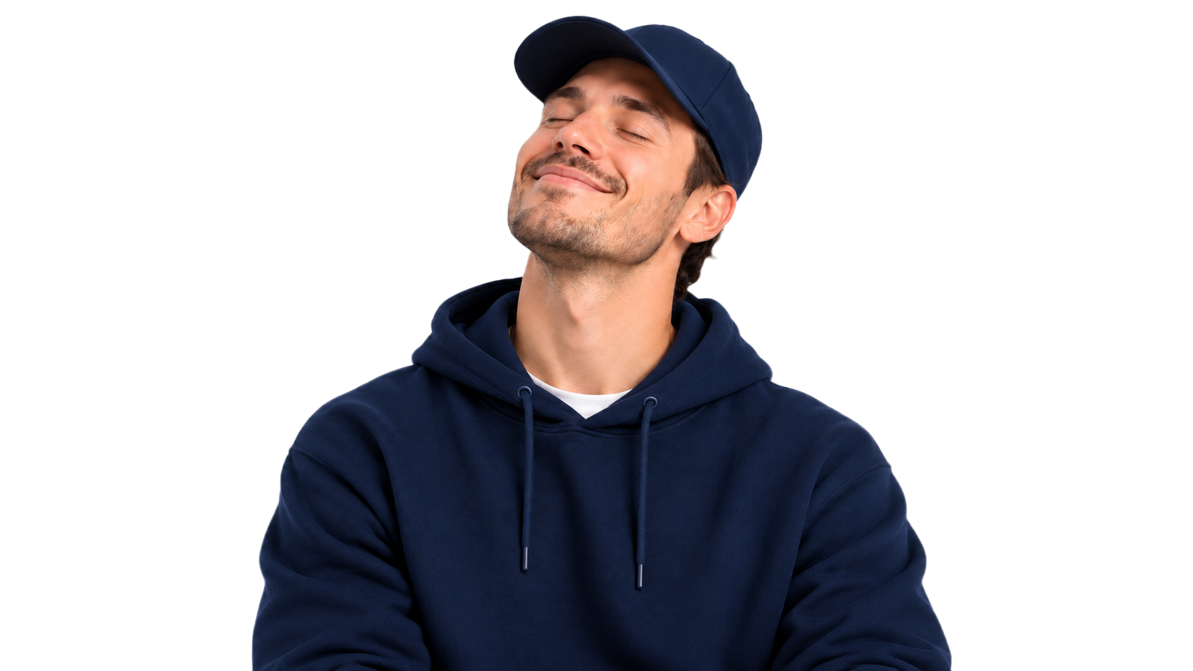 Happy man in a blue hoodie and cap