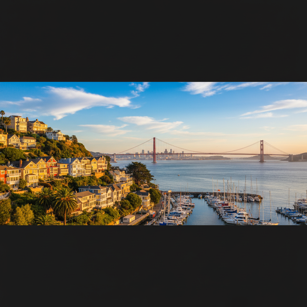 Sausalito CA waterfront with hillside homes and Richardson Bay marina