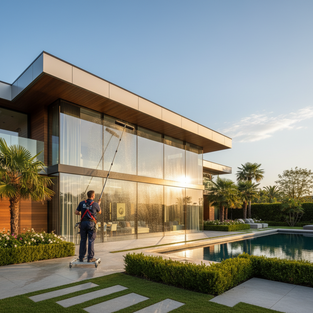 Professional window cleaner washing large luxury home windows to a crystal-clear streak-free finish