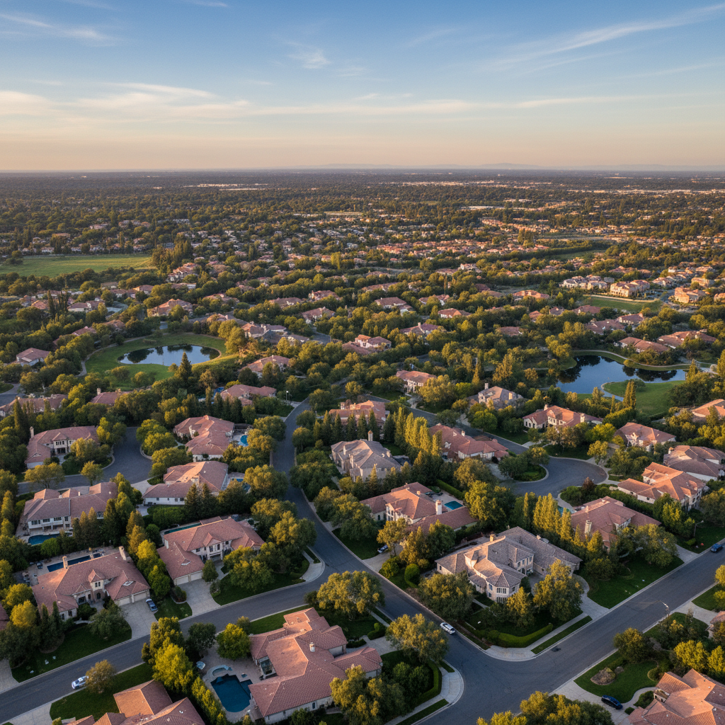 Aerial view of Gold River, California neighborhood with luxury homes and tree-lined streets