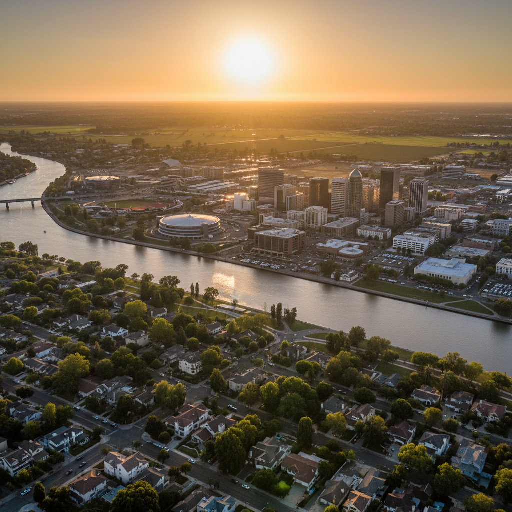 Aerial view of Stockton California showing the Deep Water Channel, downtown skyline, and Central Valley neighborhoods