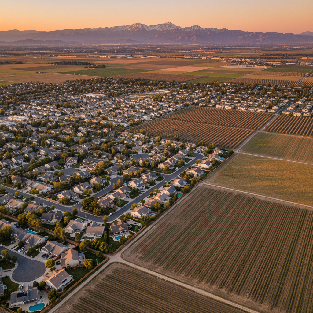 Aerial view of Manteca California neighborhoods and Central Valley orchards