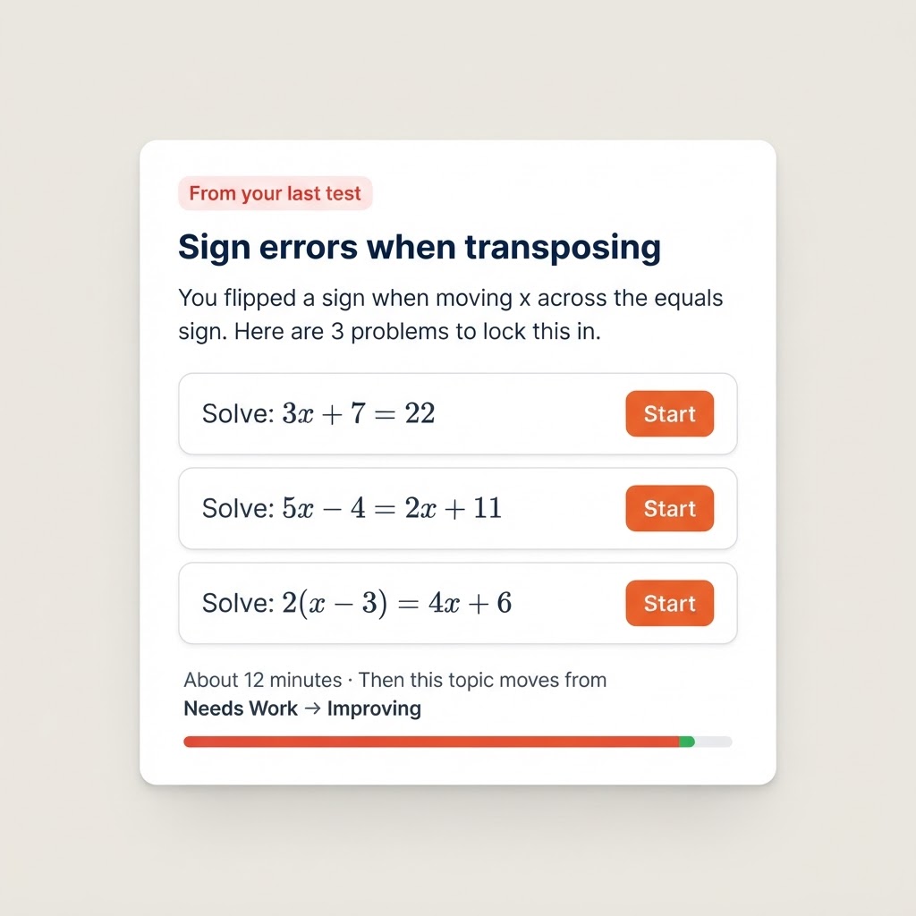 A personalised 3-question practice card generated from a sign-error mistake on the student's last test
