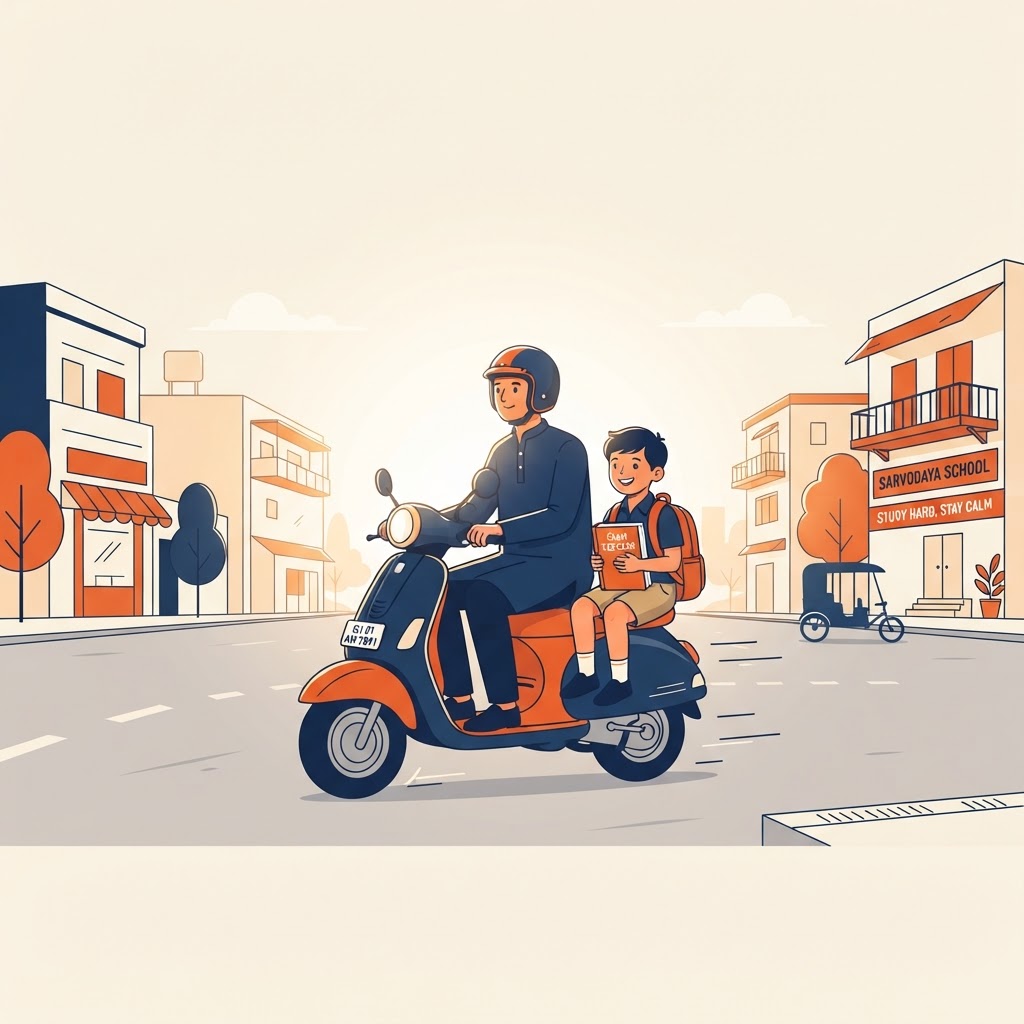 A student riding pillion on a scooter to the exam, textbook closed on their lap, smiling in the morning light