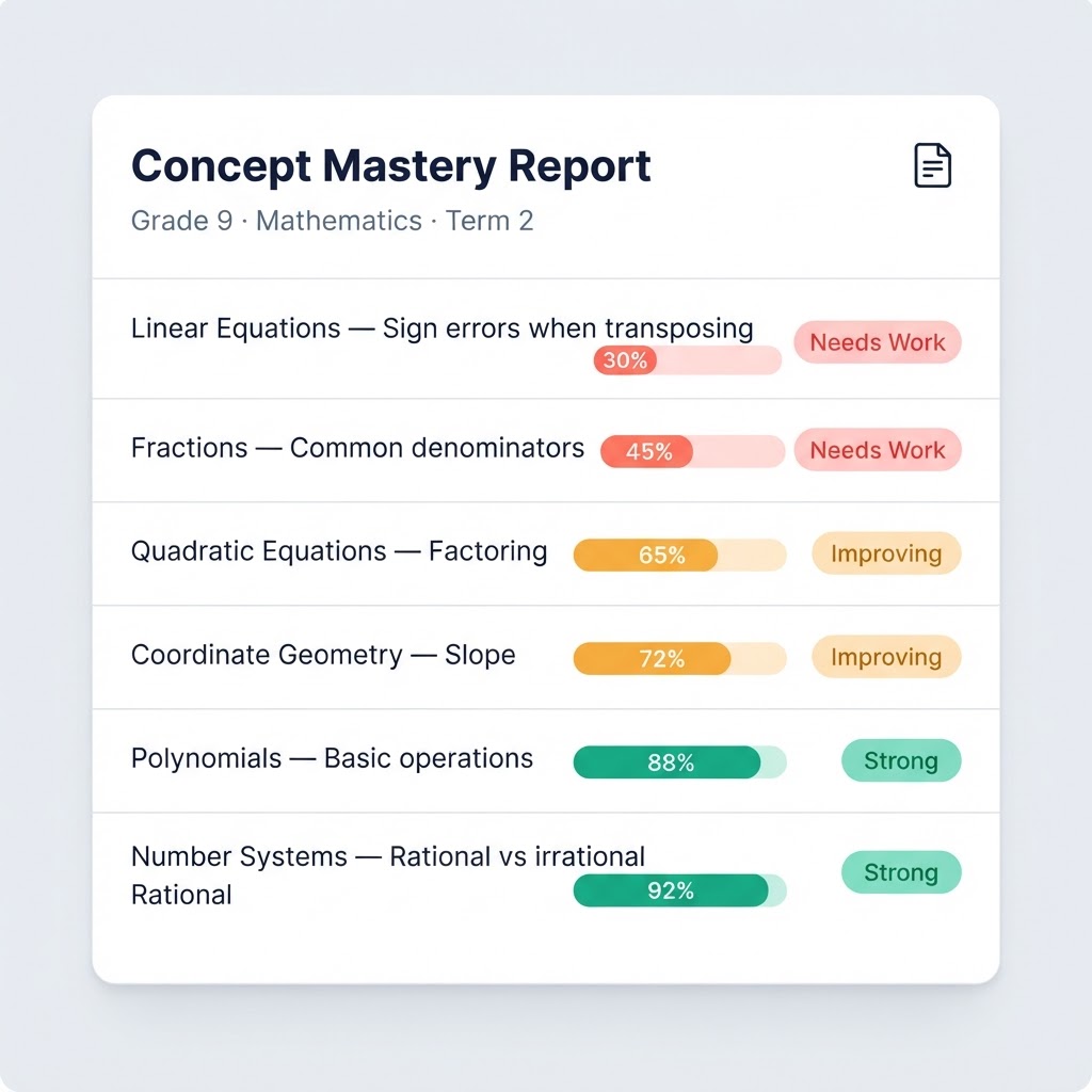 A concept-mastery view showing each topic tagged as Needs Work, Improving, or Strong — straight from the papers your teachers already mark