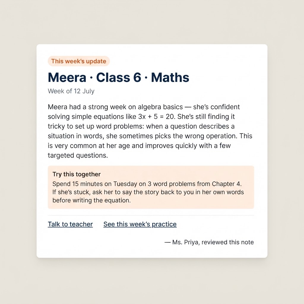 A weekly parent note about Meera showing what she's doing well, what she's finding tricky, and one small thing to try together