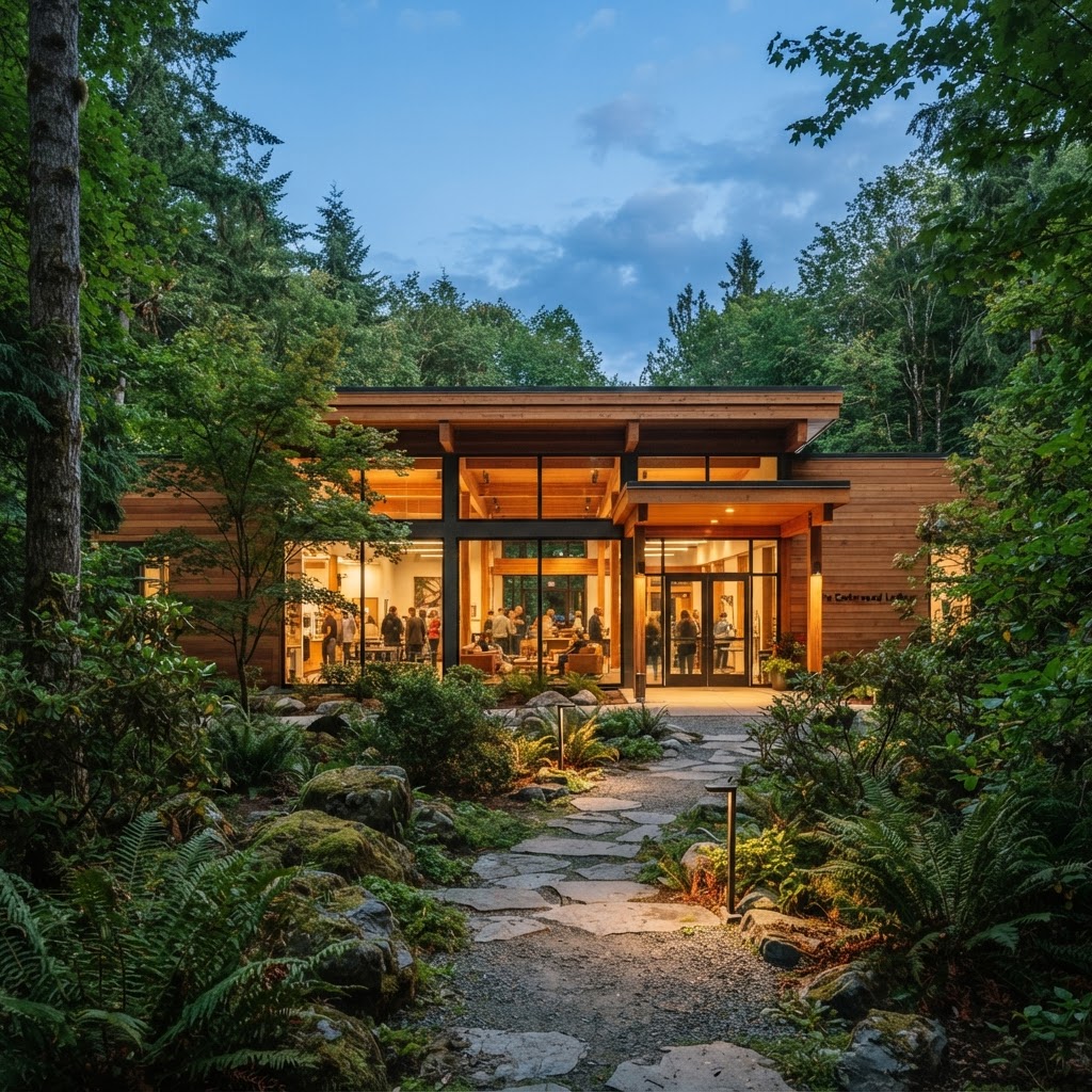 A welcoming community space surrounded by trees, glowing with warm evening light