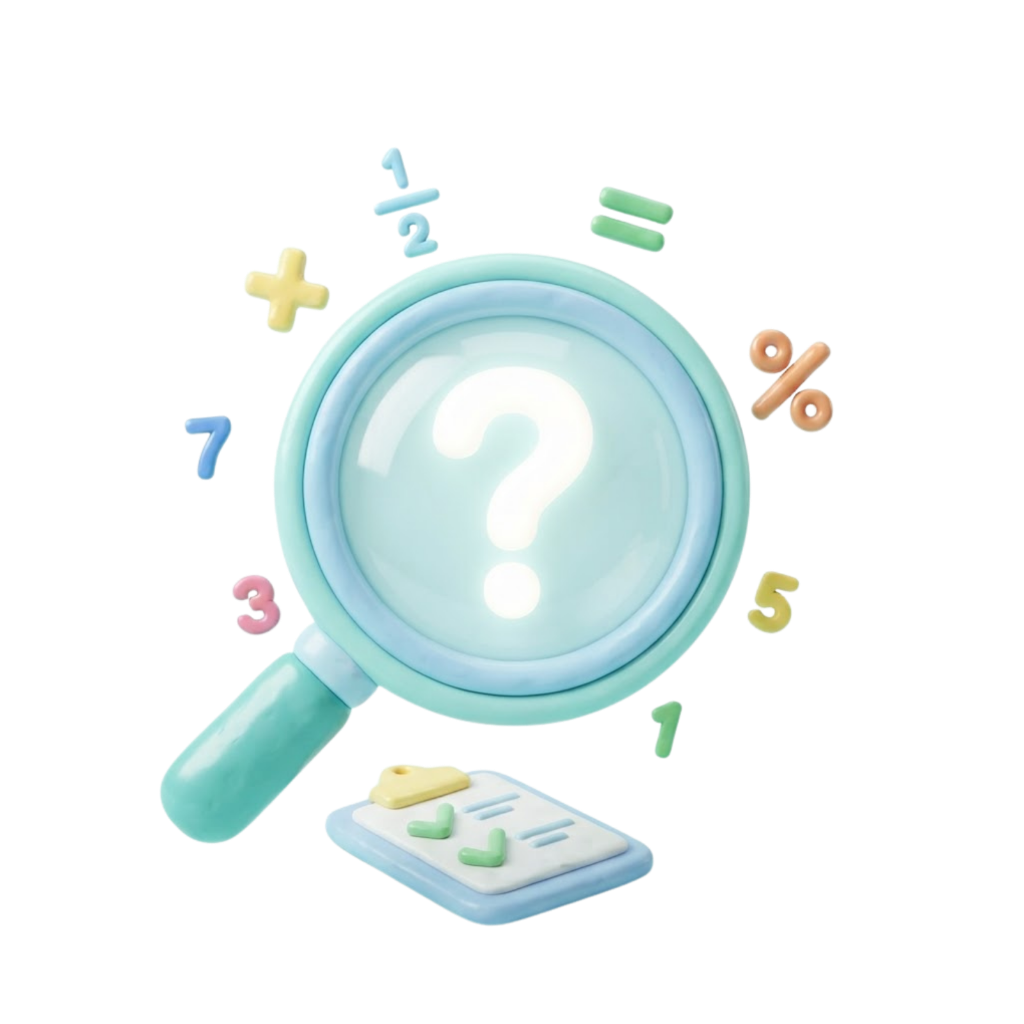 3D clay magnifying glass over a question mark with floating maths symbols