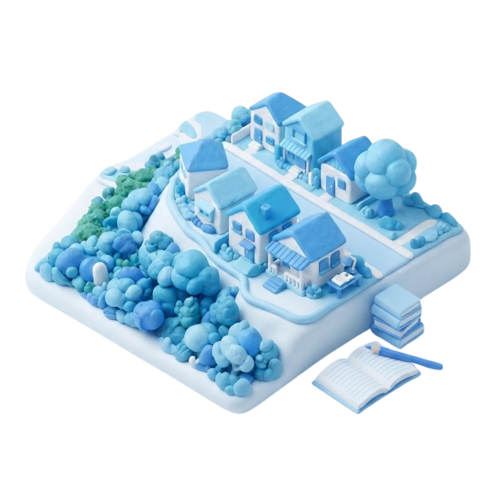 Clay diorama of Wheeler Heights hillside homes near Narrabeen Lagoon and Long Reef headland with books and pencil