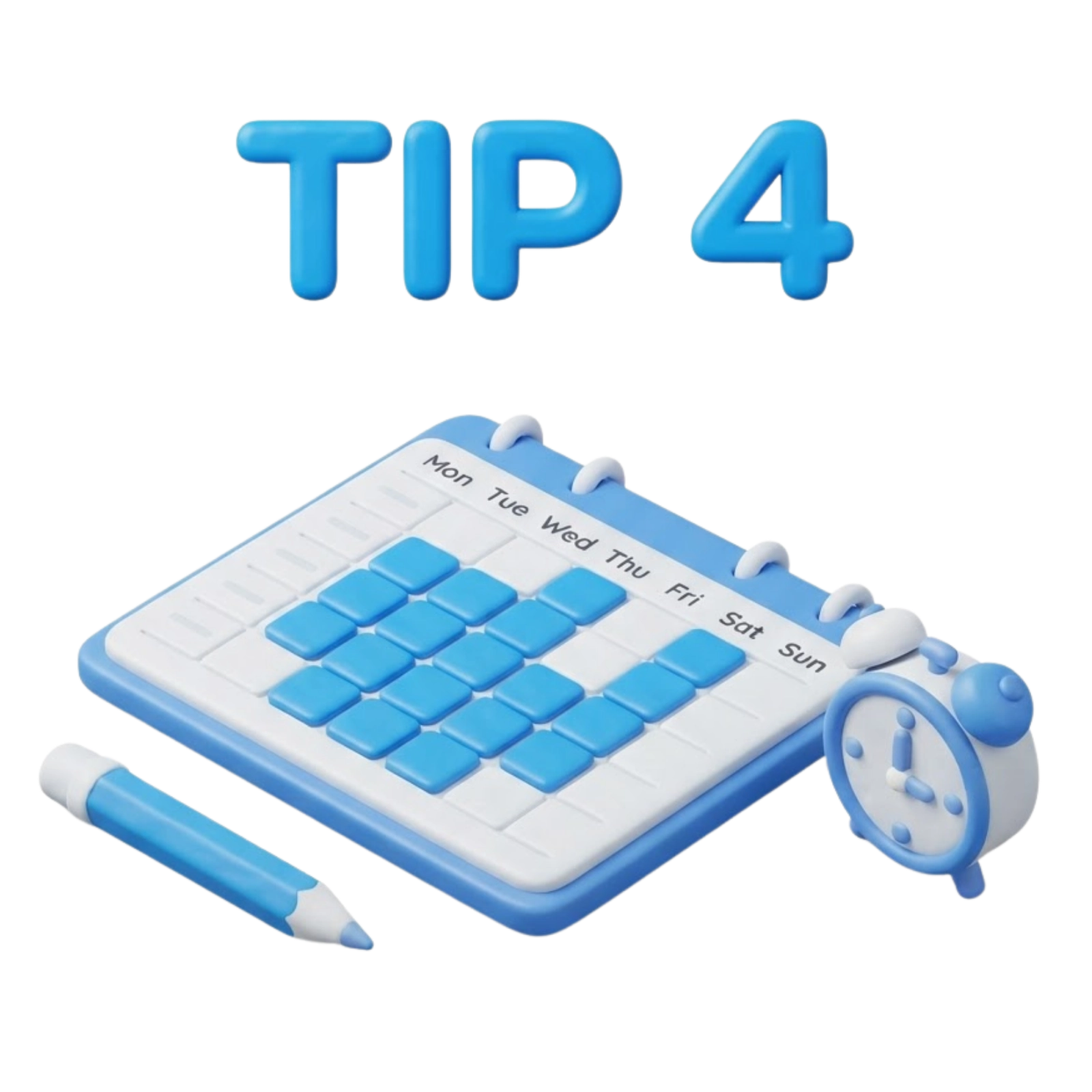 3D clay TIP 4 illustration of a weekly calendar planner with a pen and an alarm clock