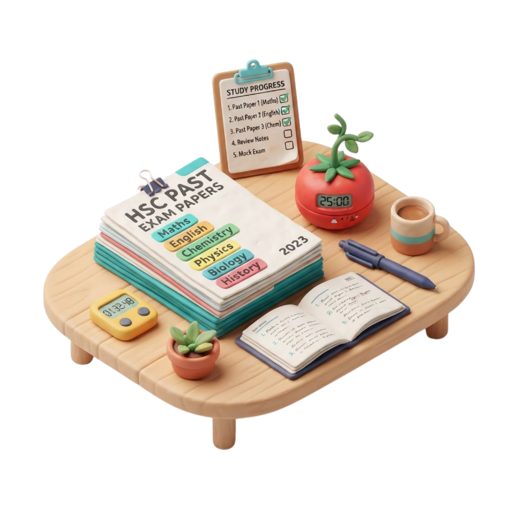 3D clay illustration of HSC past papers with timer and checklist