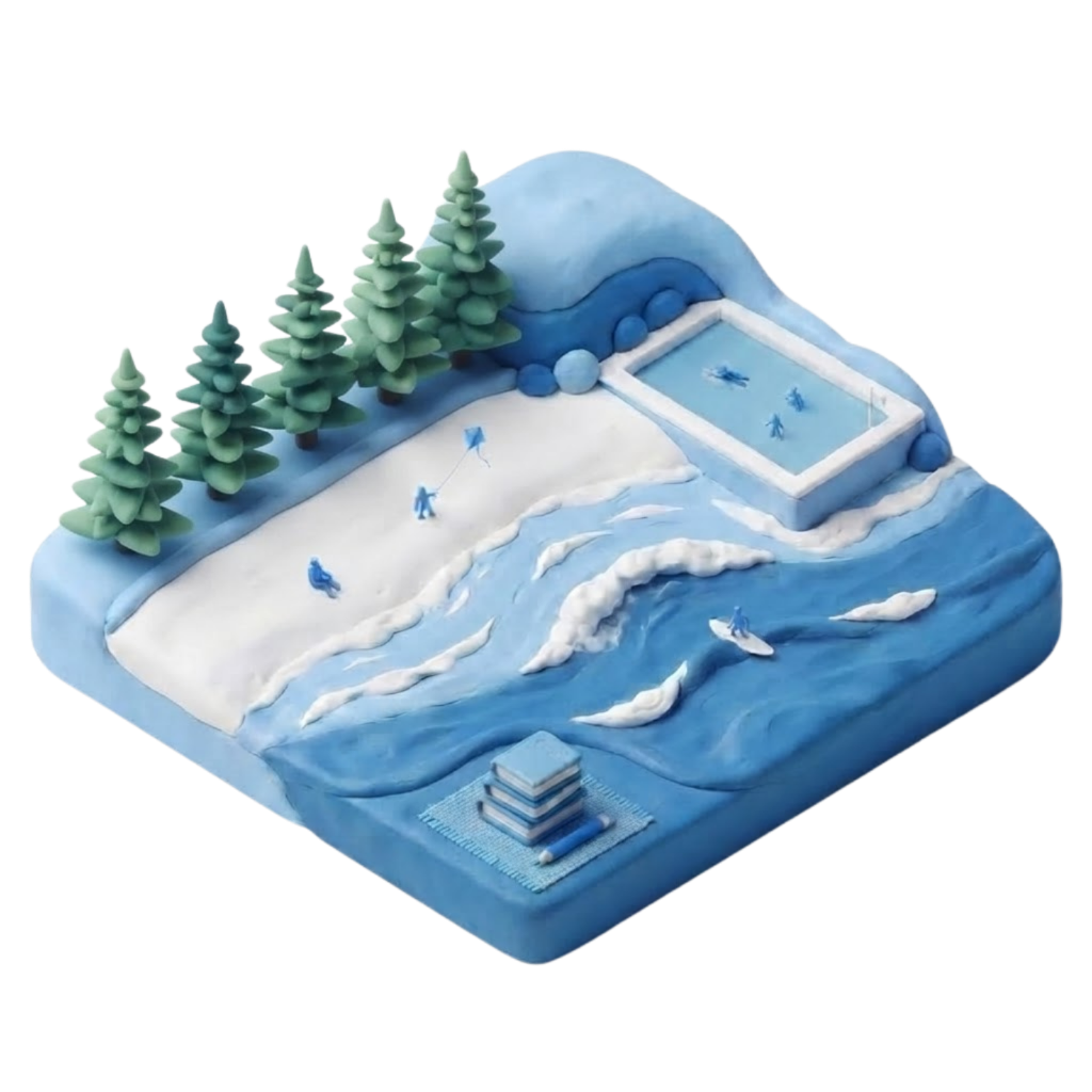 Clay diorama of Queenscliff with its rockpool framed by blue rock formations, beach, surfers, houses and educational elements