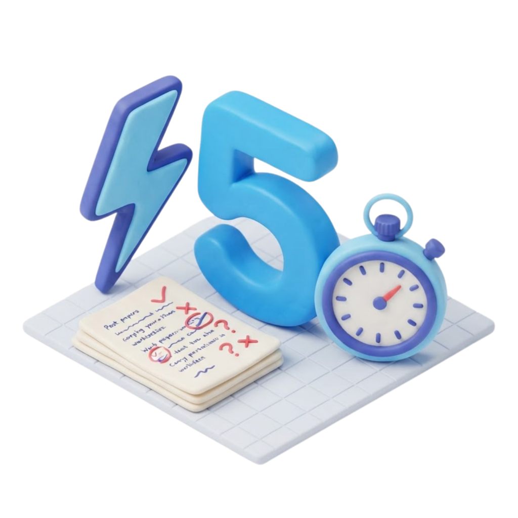 3D clay illustration of a lightning bolt, stopwatch timer, and past papers with corrections