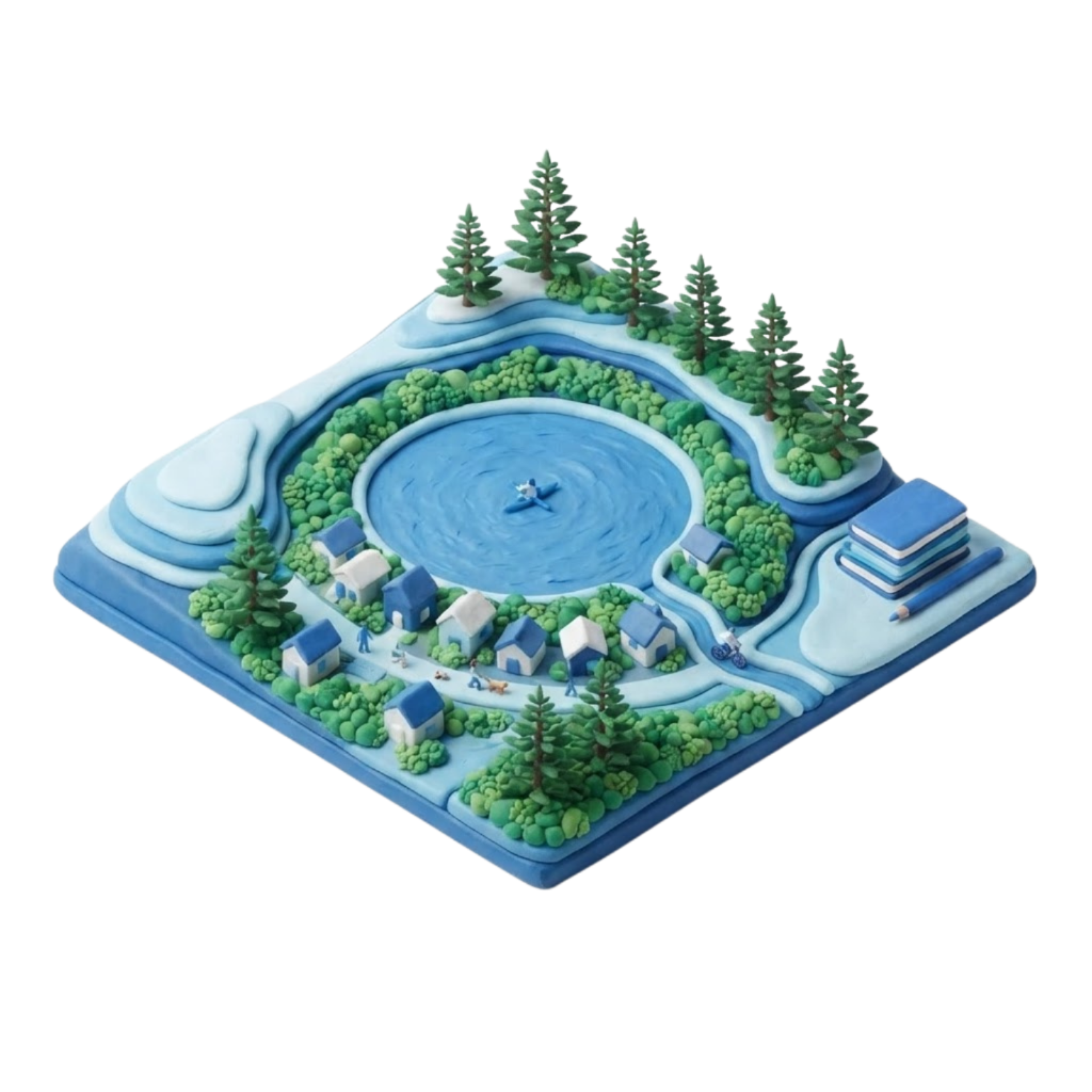 Clay diorama of Manly Vale with Manly Dam's circular lake, a kayaker, surrounding forest, houses and educational elements
