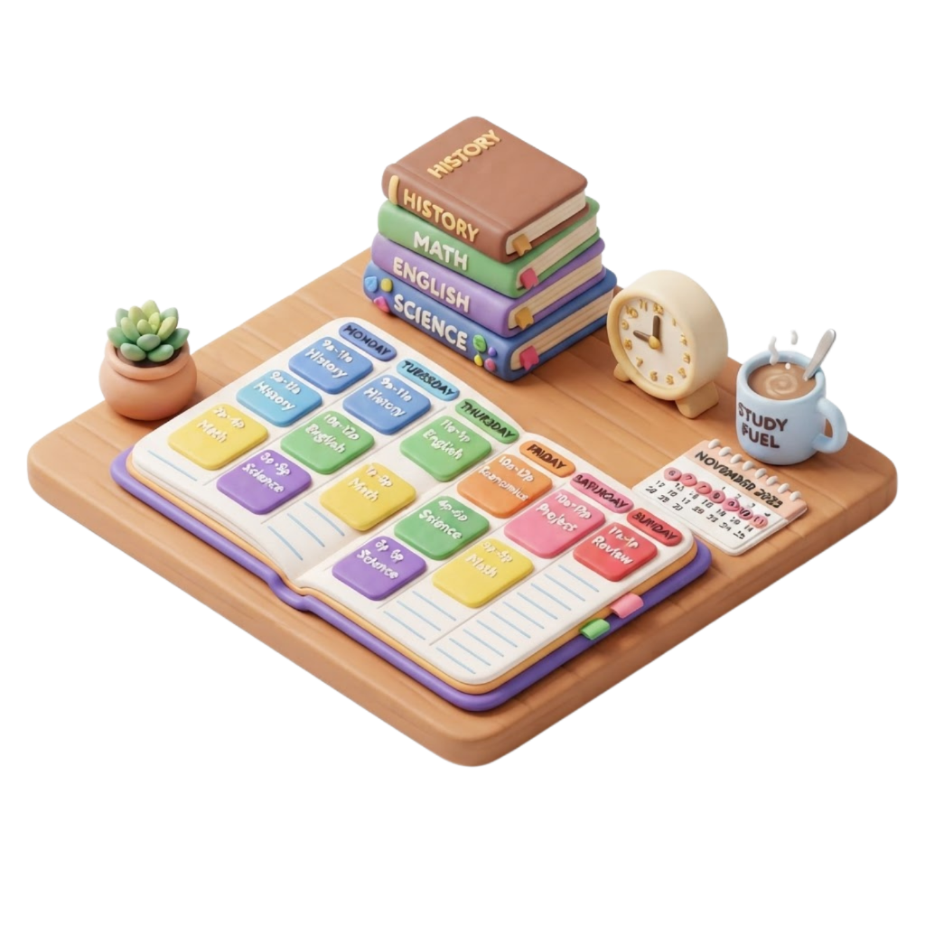 3D clay illustration of a consistent weekly study routine with planner, clock, and textbooks