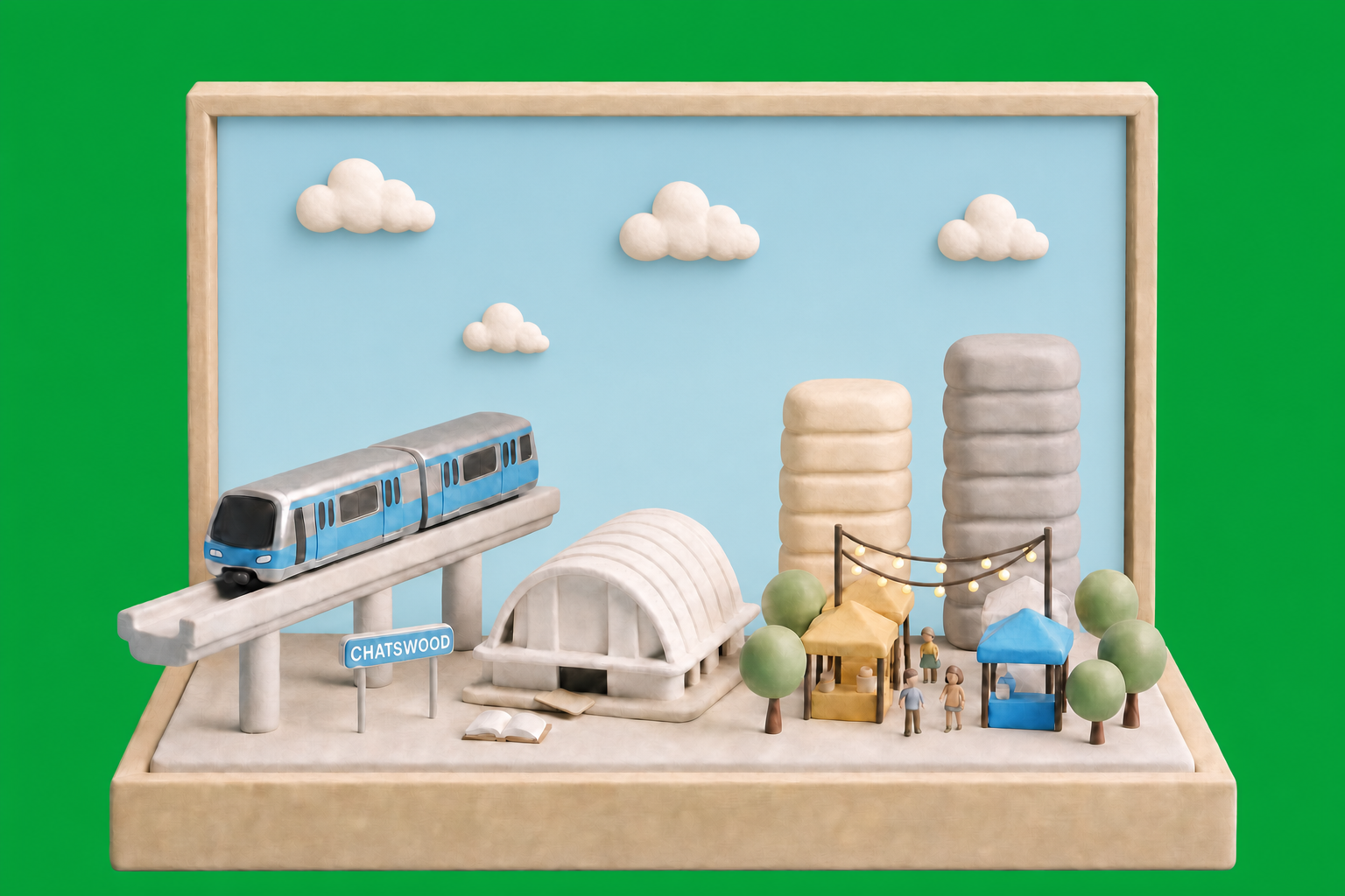 Simple clay diorama of Chatswood with a Sydney Metro train arriving at the station, The Concourse cultural centre, a small market stall lane and a few high-rise towers