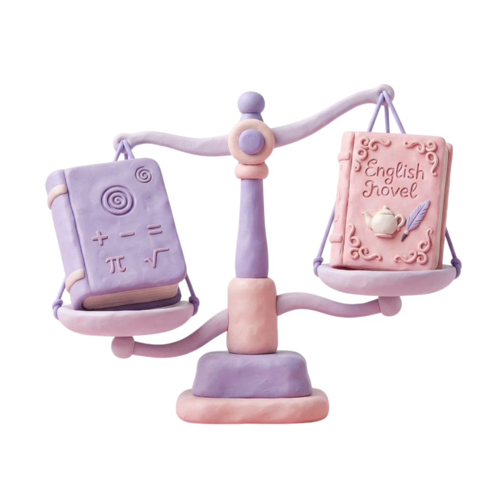 3D clay illustration of a balance scale weighing a maths book against an English novel