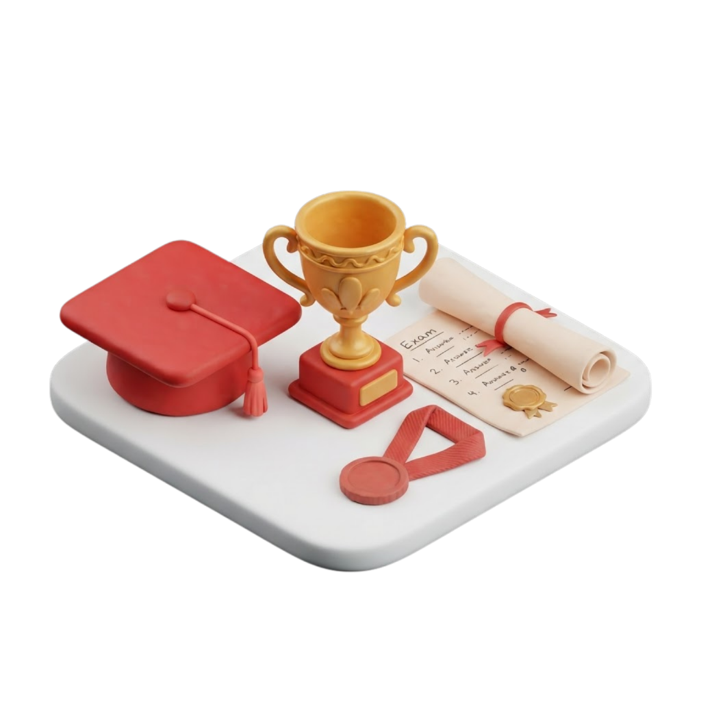 3D clay illustration of a graduation cap with trophy, completed exam paper with gold seal, and medal
