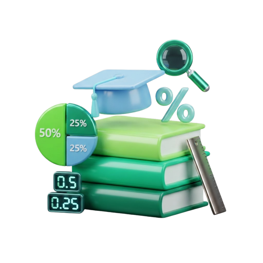 3D illustration of percentage symbols, pie charts, and decimal number displays