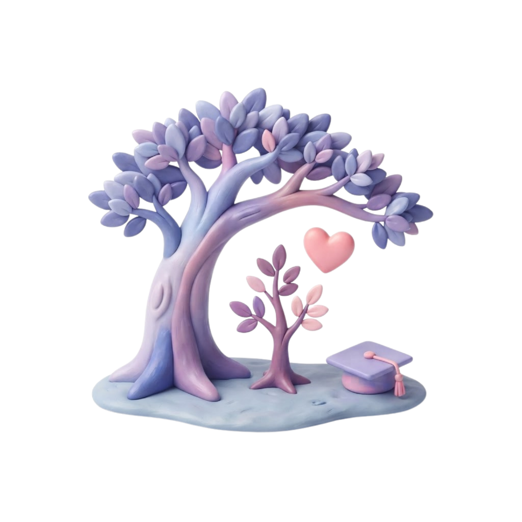 3D clay illustration of a large tree with a heart and graduation cap, representing parental support and growth