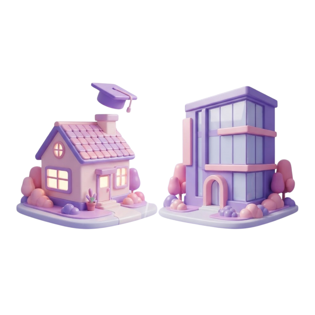 3D illustration comparing in-home tutoring vs tutoring centre