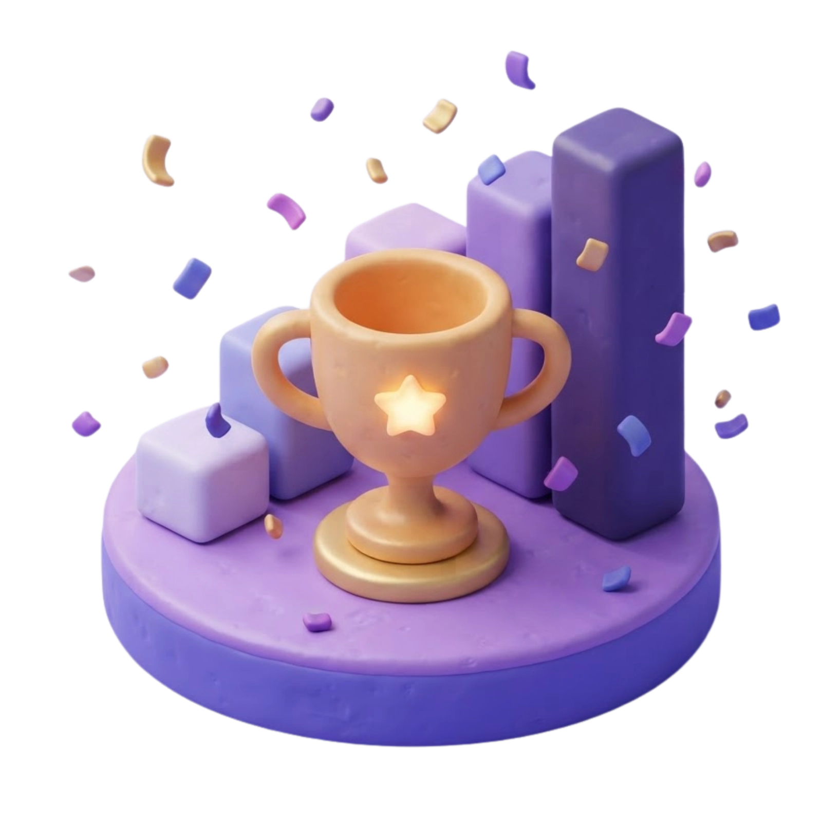 3D clay illustration of a golden trophy on a violet podium with ascending bar chart pillars and confetti