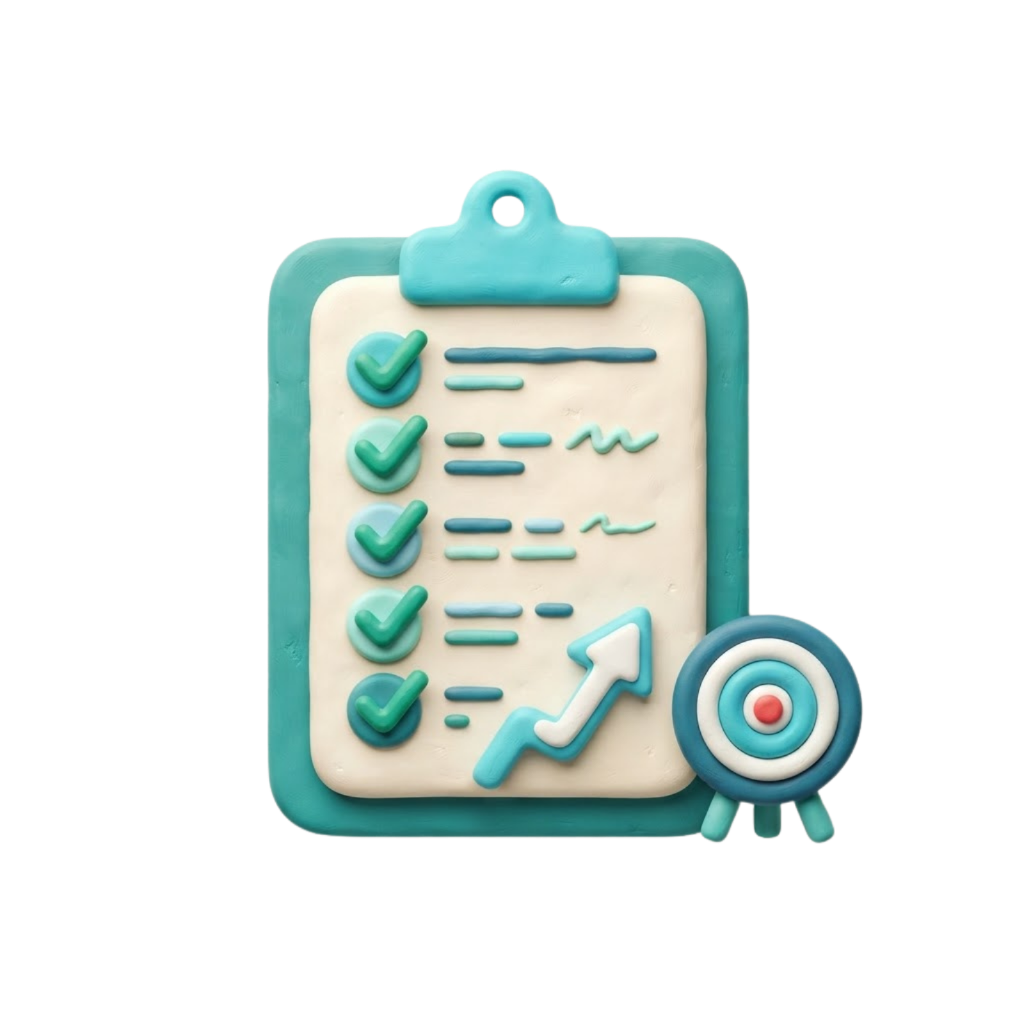 3D clay illustration of a clipboard checklist with green checkmarks, an upward arrow, and a target