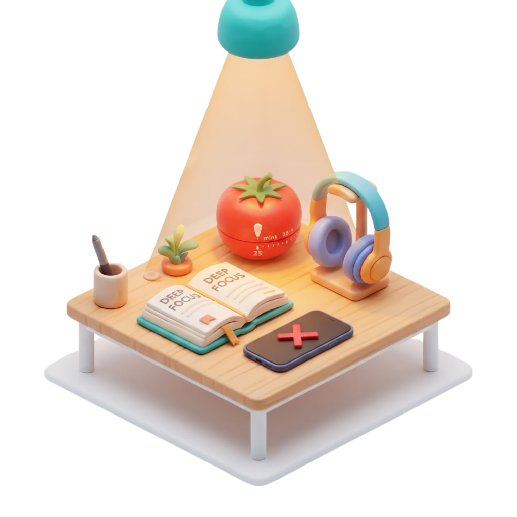 3D clay illustration of deep work study with Pomodoro timer, headphones, and phone turned off