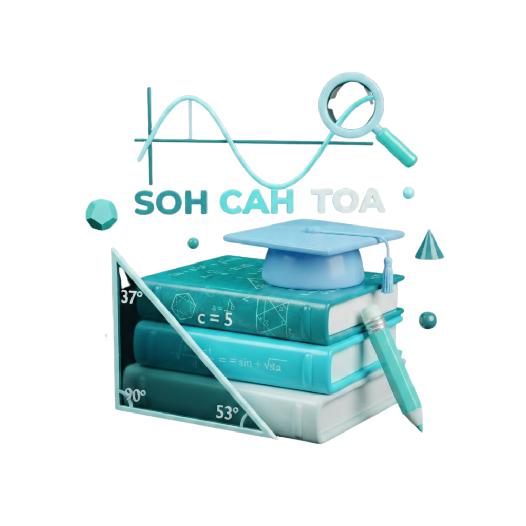 3D illustration of a right-angled triangle with angle measurements, protractor, and SOH CAH TOA formula