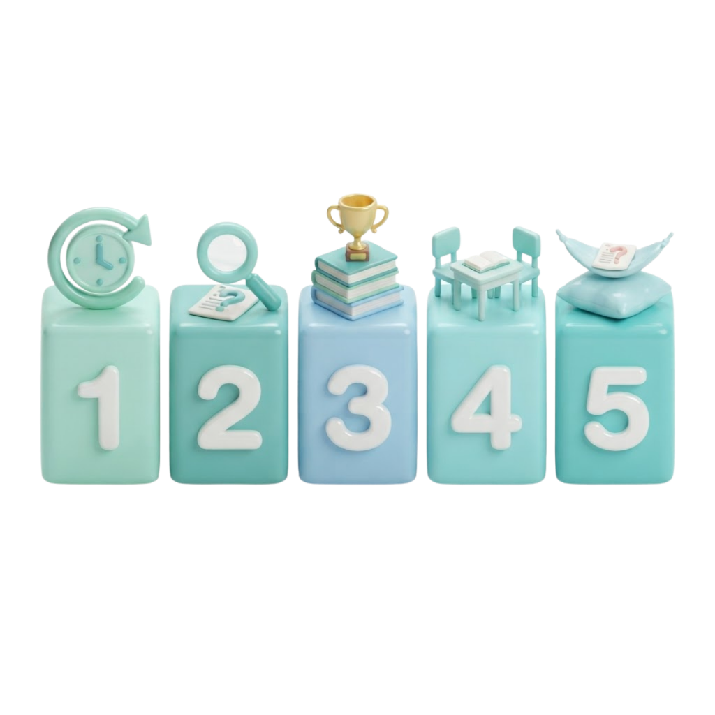 3D clay illustration of a five-step study recovery process with numbered blocks and icons