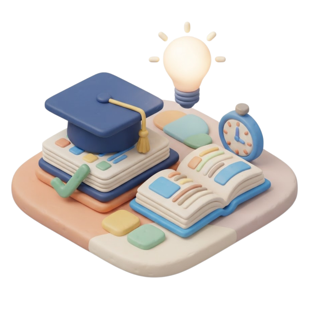 3D clay illustration representing HSC exam preparation with a graduation cap, exam papers, timer clock, textbook, and lightbulb in Headstart blue clay style