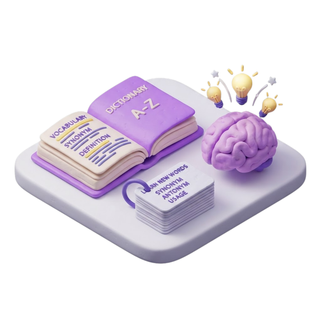 3D clay illustration of a dictionary with highlighted words, vocabulary flashcards, and a brain with lightbulb ideas
